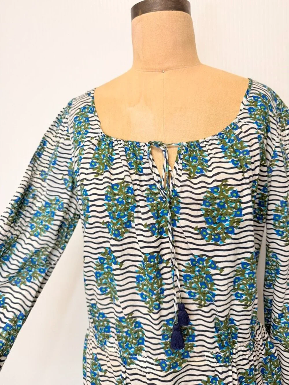 Tory Burch Blouse Women 12 Floral Stripe Tassel Boho Peasant Top Resort Work Ex